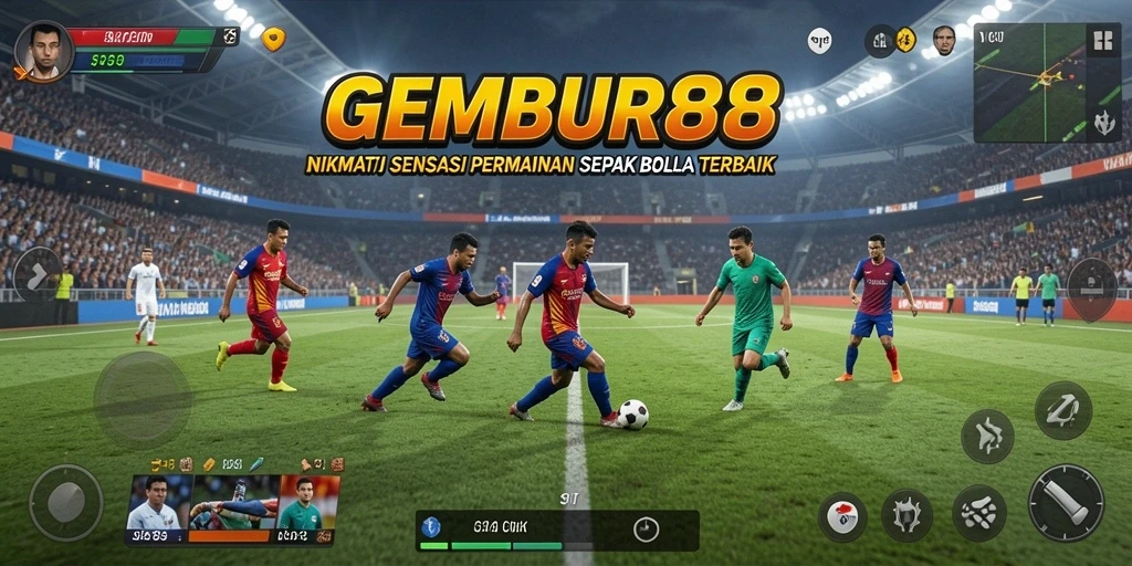 Screenshot dari gameplay <strong>GEMBUR88</strong> menampilkan aksi seru dalam bermain sepak bola.