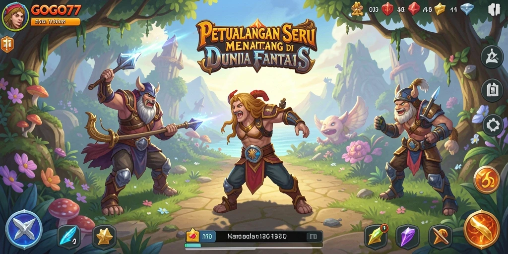 Screenshot menampilkan pemain menjelajahi dunia fantastis GOGO77.