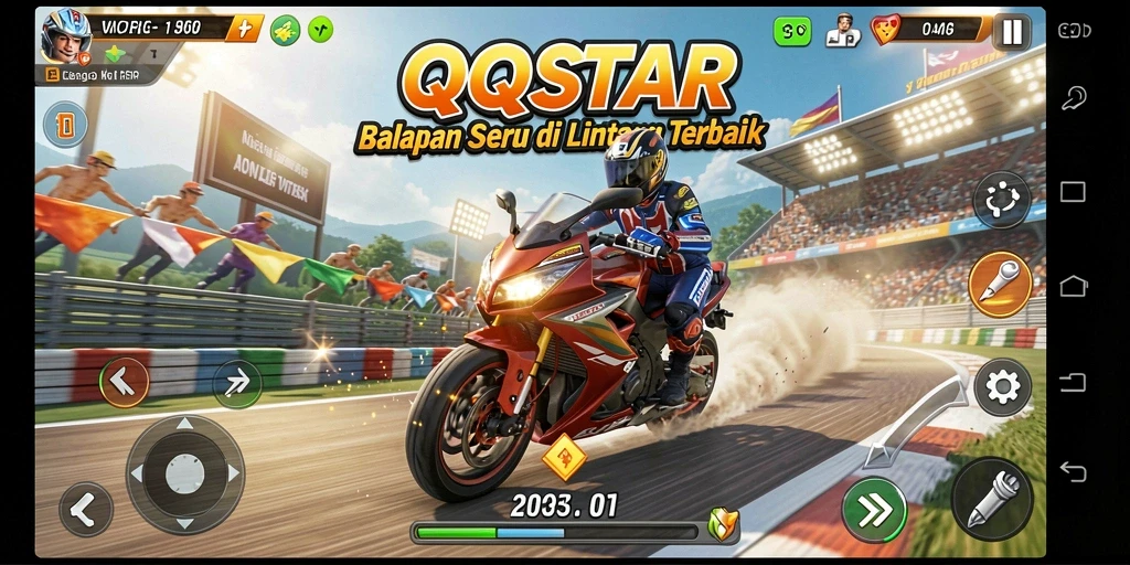 Tampilan menarik dari gameplay QQSTAR saat balapan seru.