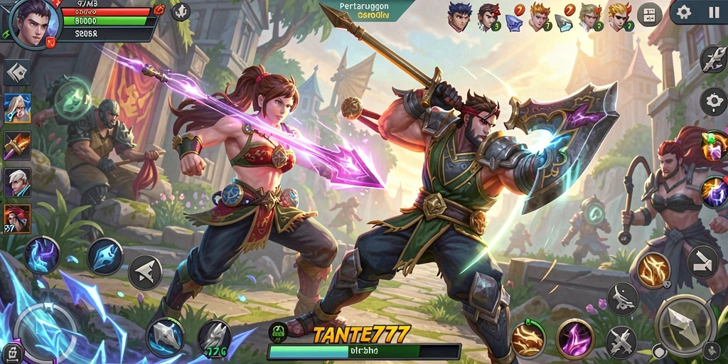 Screenshot menampilkan aksi seru dalam game MOBA TANTE777.